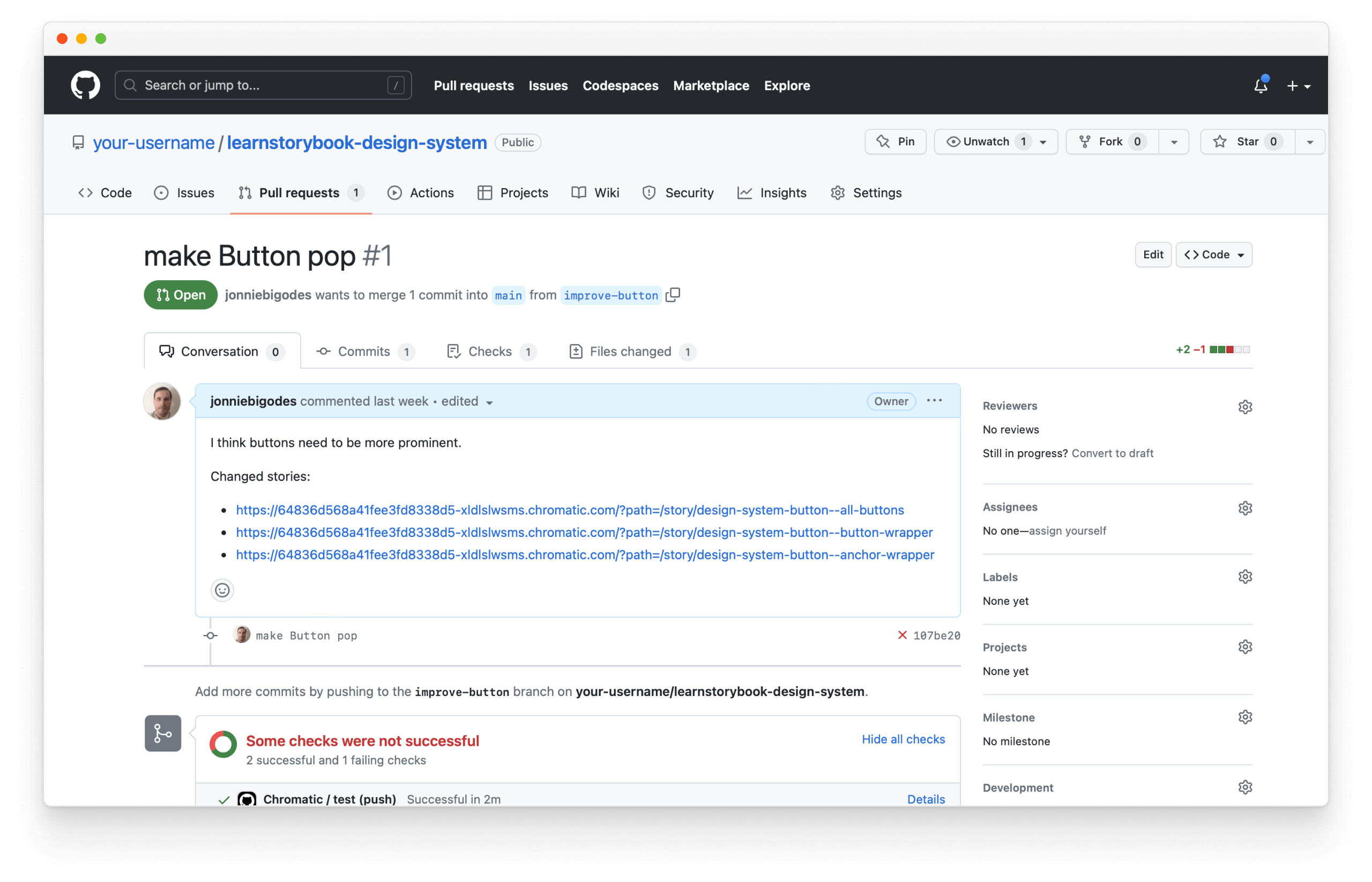 GitHub PR with links to storybook